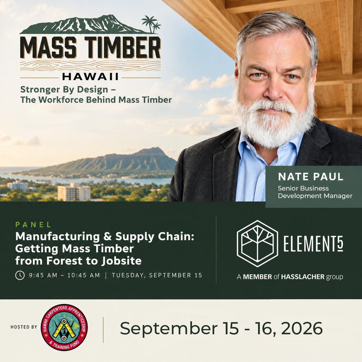 elementfiveco's tweet photo. Aloha, Hawaii! 🌺 Element5 is heading to Kapolei for the inaugural 2026 Hawaii Carpenters Mass Timber Conference, taking place September 15–16.

Register for the show today! https://t.co/vSsPJOv5v1 https://t.co/gJDkgVNRzE