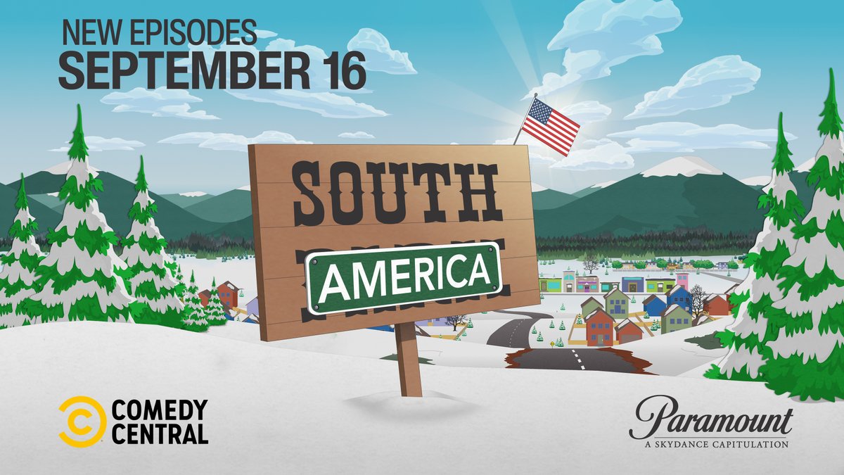 SouthPark's tweet photo. Following their Emmy win for Outstanding Animated Program, South Park is making a big change. Creators Trey Parker & Matt Stone announce: 

“Inspired by the bravery and patriotism of Apple and Google, we are changing the name of South Park to SOUTH AMERICA. We especially want to thank our parent company Paramount -- a Skydance Capitulation.”

The 29th Season of the award-winning series will premiere Wednesday, September 16th, at 10pm ET/PT on Comedy Central.  

New episodes will be available to stream on Paramount+ around the world, with next-day availability in the U.S., Canada and Australia.