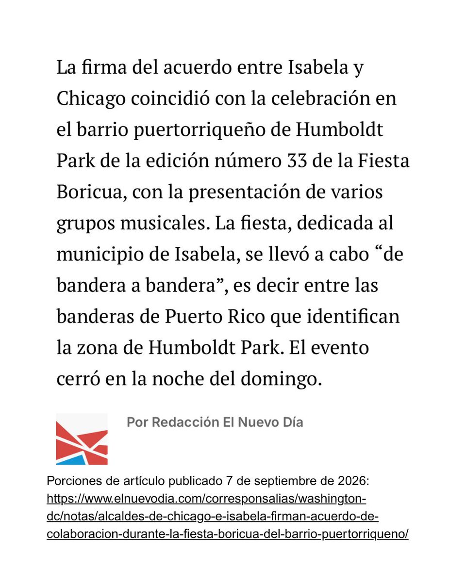 jacprcc's tweet photo. 🤝🏙 ¡Momento histórico en Fiesta Boricua! El alcalde Brandon Johnson de Chicago y el alcalde Miguel "Ricky" Méndez Pérez de Isabela, Puerto Rico, firmaron un acuerdo este fin de semana en el Paseo Boricua, sellando oficialmente una alianza entre nuestras dos ciudades para impulsar el turismo, el intercambio cultural y la colaboración académica. 🎉 Desde las calles de Humboldt Park hasta las costas de Isabela, esto es lo que podemos construir juntos. 🇵🇷
—
Historic moment at Fiesta Boricua! Mayor Brandon Johnson of Chicago and Mayor Miguel "Ricky" Méndez Pérez of Isabela, Puerto Rico signed a Memorandum of Understanding this weekend on Paseo Boricua, officially forging a partnership between our two cities to boost tourism, cultural exchange, and academic collaboration. From the streets of Humboldt Park to the shores of Isabela, this is what we can build together. 
#FiestaBoricua2026 #IsabelaPR #PaseoBoricua #BarrioBoriken

https://t.co/8Rlj6PGjfe