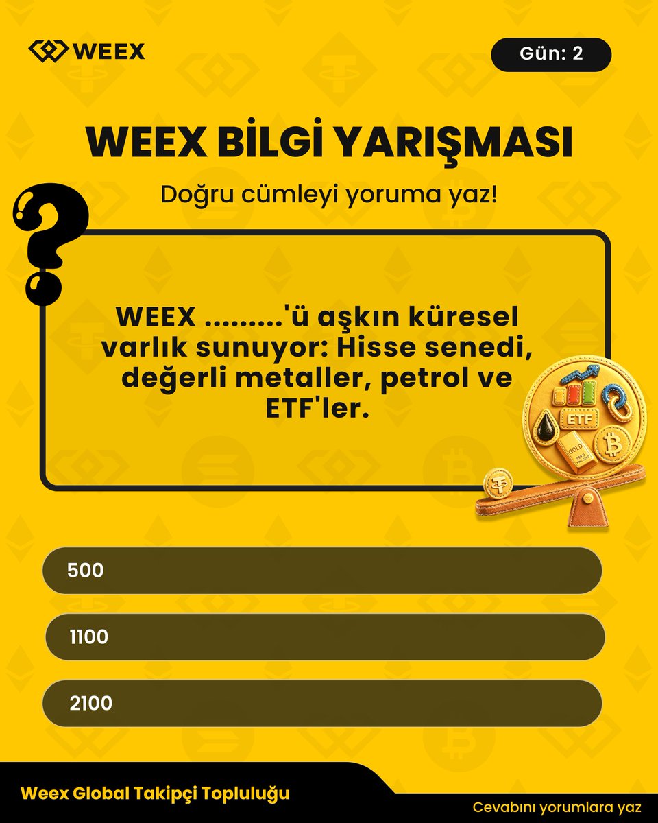 WEEX_Turkiye's tweet photo. 🎉WEEX ÖDÜLLÜ BİLGİ YARIŞMASI GÜN: 2  

🏆Her gün bir soru, her gün bir kazanan! 
🔁 Gönderiyi RT'le 
✅ Doğru cümleyi yoruma yaz  

"WEEX .....'ü aşkın küresel varlık sunuyor: Hisse senedi, değerli metaller, petrol ve ETF'ler."
