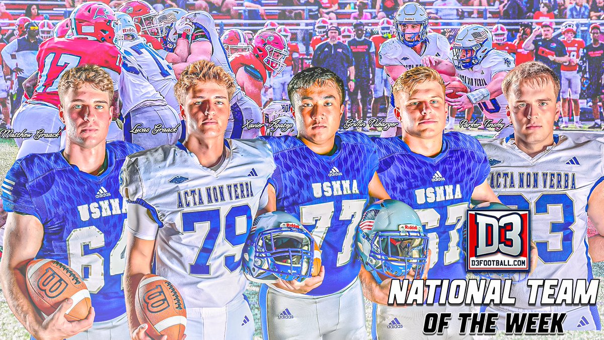 USMMA_Athletics's tweet photo. 🏈🔥 𝐏𝐀𝐕𝐈𝐍𝐆 𝐋𝐀𝐍𝐄𝐒. 𝐏𝐈𝐋𝐈𝐍𝐆 𝐔𝐏 𝐘𝐀𝐑𝐃𝐒. ⚓️

Congrats to @USMMAFootball Offensive lineman 
Lucas Graack, Griffin Nibarger, Matthew Graack, Xavier Agatep, Parker Tinsley on @d3football Team Of The Week honors!

🔗 https://t.co/jhL5ZY4Z45

#d3fb @NEWMACsports https://t.co/H44fXcCJMD