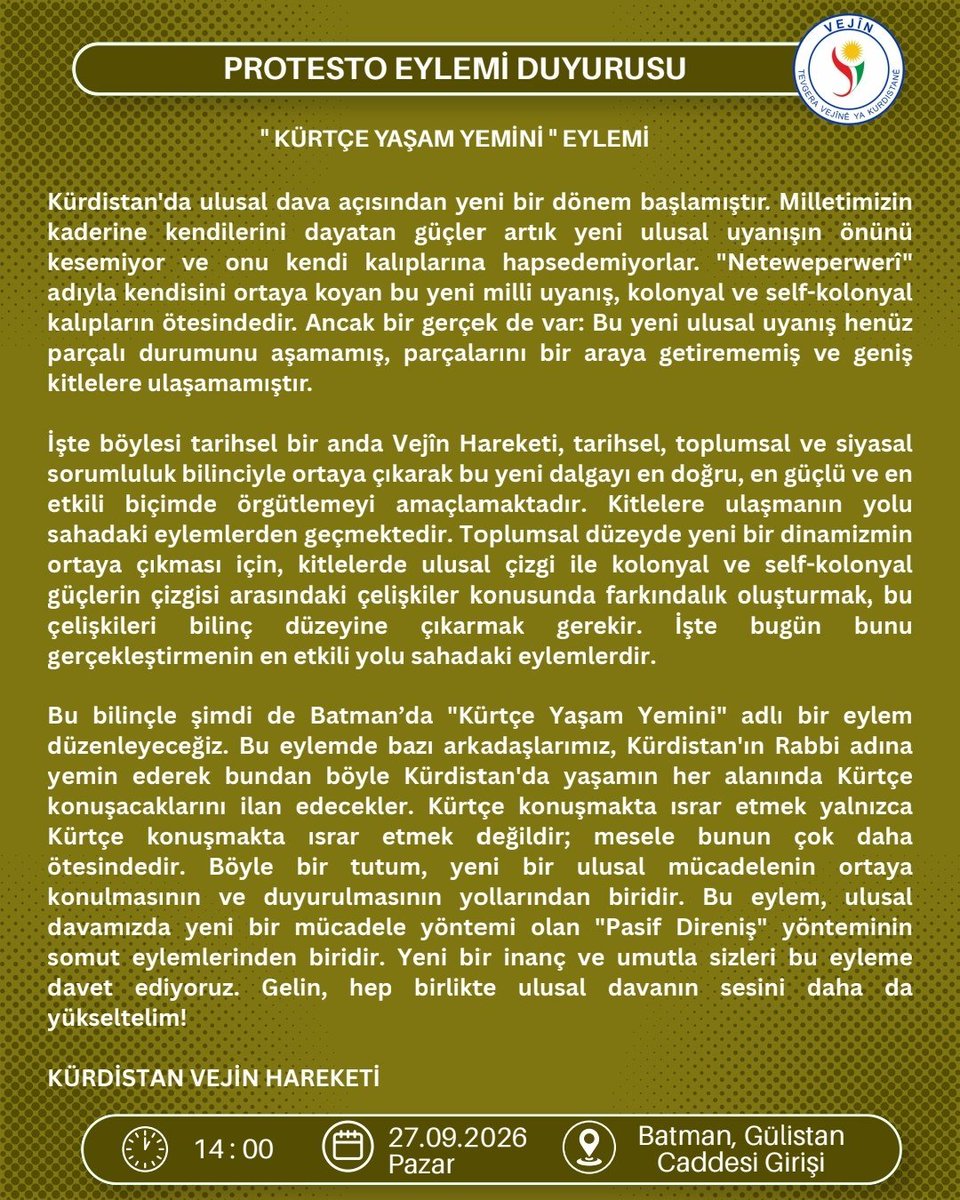 PCSturkce's tweet photo. 📢 PROTESTO EYLEMİ DUYURUSU

♦️Eylemin Adı: "KÜRTÇE YAŞAM YEMİNİ"

📌Yer: Batman, Gülistan Caddesi Girişi

🗓️Tarih: 27.09.2026 - Pazar 

⏰Saat: 14.00 https://t.co/JQ1nRvYlya