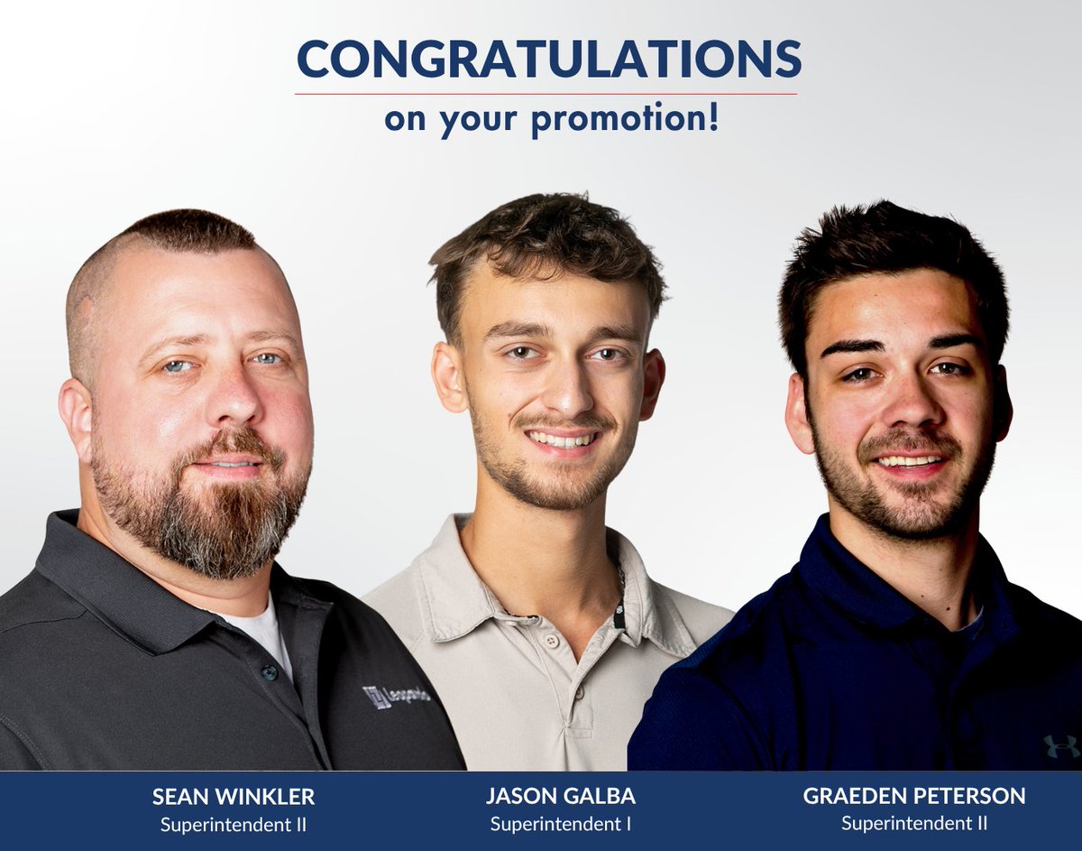 leobuild's tweet photo. Congratulations to Sean Winkler, Jason Galba, &amp; Graeden Peterson on their recent promotions! In their new roles, they will oversee day-to-day field operations, with a continued commitment to jobsite safety, operational efficiency, and the highest standards of building excellence. https://t.co/fkU3DAsUSp