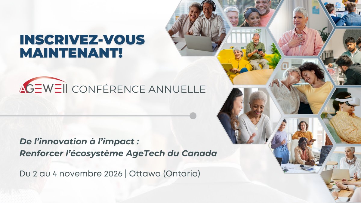 AGEWELL_NCE's tweet photo. Inscrivez-vous à la conférence annuelle AGE-WELL 2026!
  📅 Du 2 au 4 novembre
 📍 The Westin Ottawa, Ottawa (Ontario)
 🤝 Venez rencontrer des leaders du secteur canadien de l’#AgeTech et échanger des idées avec eux!
 🔗 https://t.co/vdzpLIgLij #AGEWELL2026 https://t.co/ovW57rY5Jg