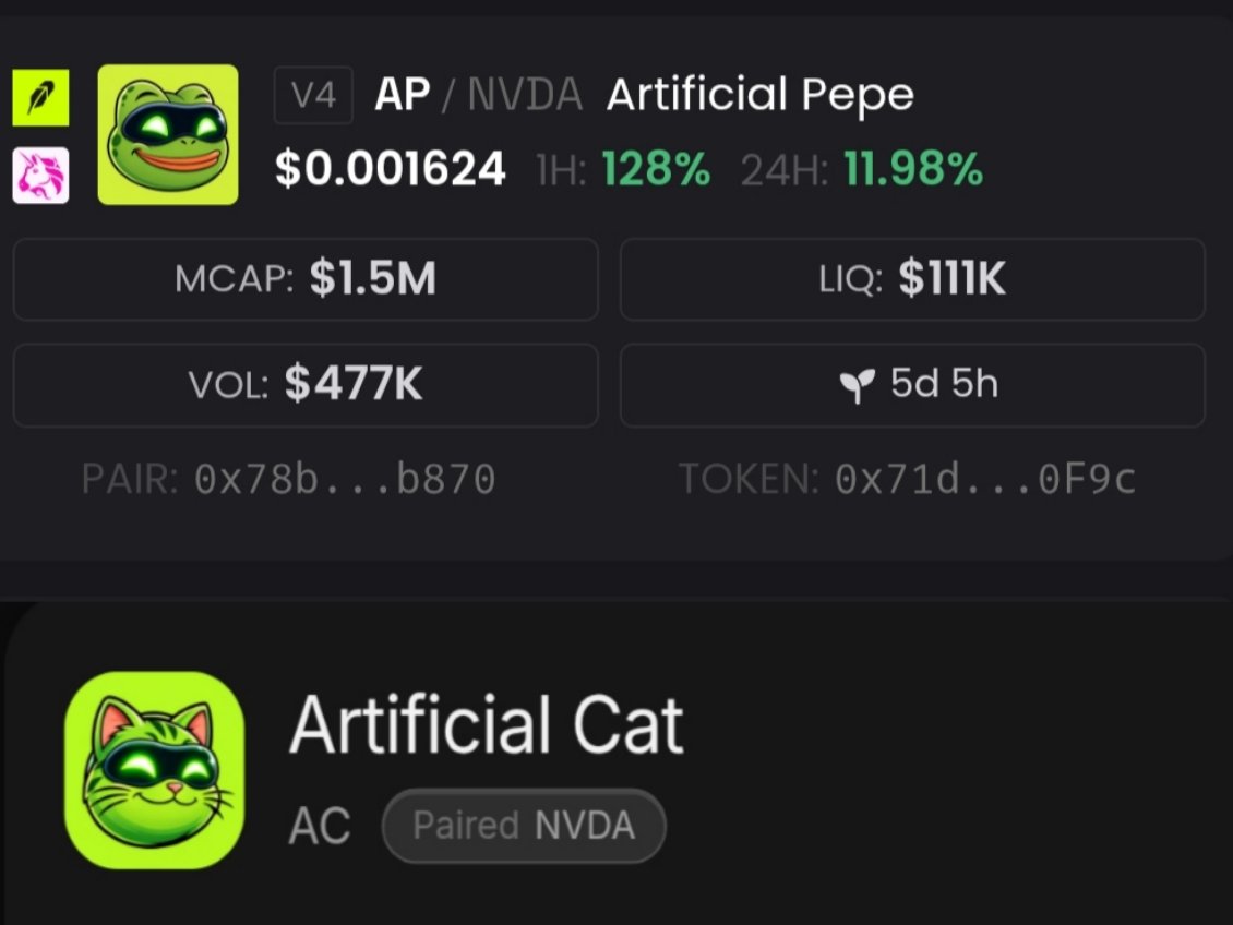 DogeCars's tweet photo. @blockchill Artificial pepe $ap

Mcao 1.5m

Next is artificial cat $AC

CA : 0x7Cdb52821EB18307C4C73246862E6f6323B6331c

NVDA https://t.co/nXYuJNQUTM