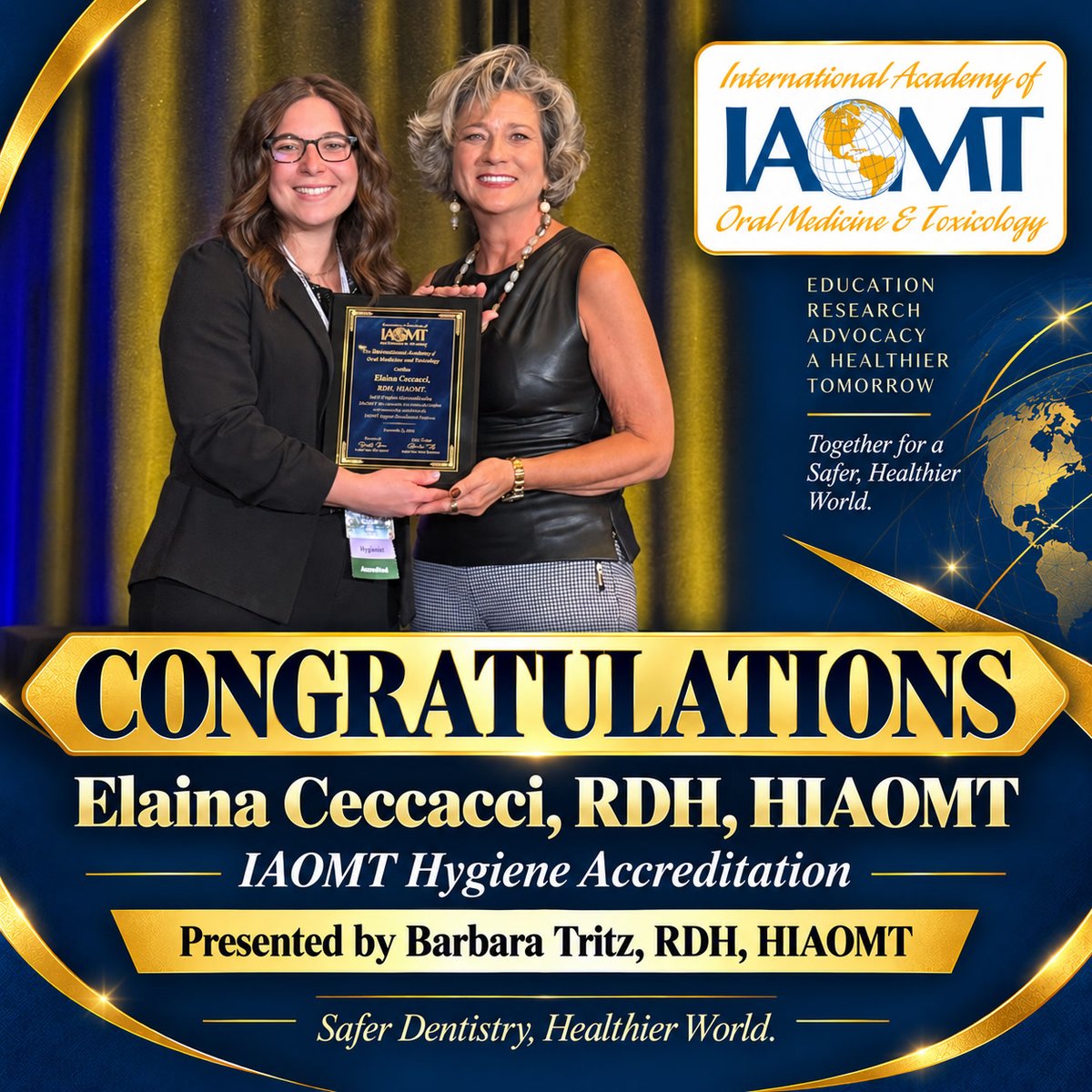 IAOMT's tweet photo. Congratulations to Elaina Ceccacci, RDH, HIAOMT — IAOMT Hygiene Accreditation!

Presented by Barbara Tritz, RDH, HIAOMT.
Safer Dentistry, Healthier World.
https://t.co/ALbCcCyCz0 https://t.co/QyKcAhiagF