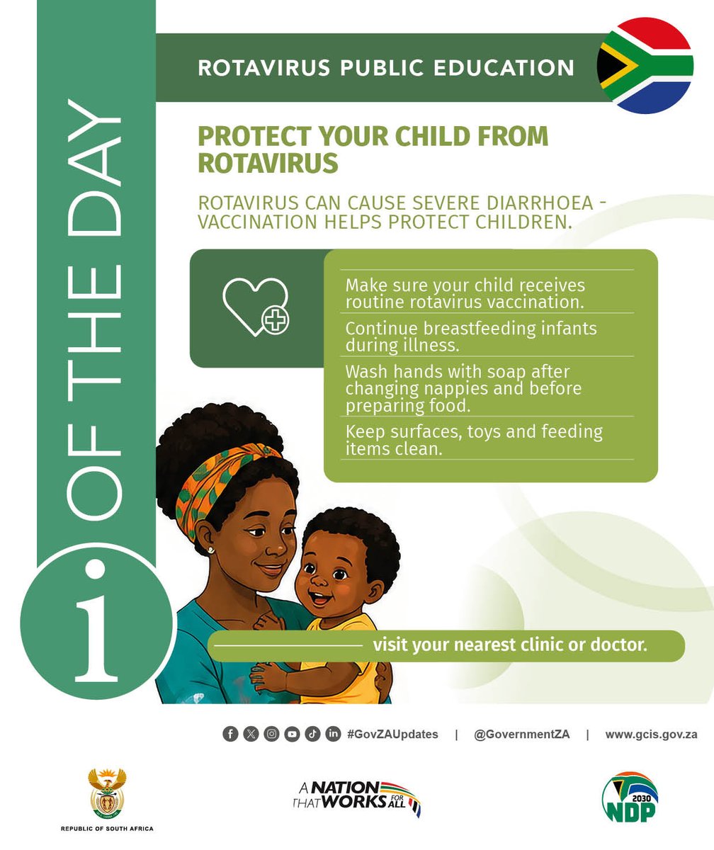 b_tebatso's tweet photo. Parents/Caregivers are advised to Vaccinate children against Rotavirus to protect them from severe illness. The Rotavirus vaccine was introduced into South Africa’s childhood immunisation programme in 2009.
#VaccinePreventableDisease
#GovUpdates https://t.co/hxTamoumZT