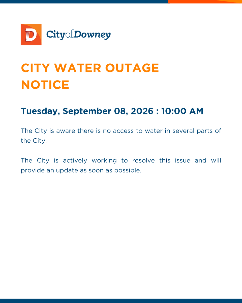 CityofDowney's tweet photo. City Water Outage Notice:

The City is aware the is no access to water in several parts of the City.

The City is actively working to resolve this issue and will provide an update as soon as possible.

#CityOfDowney #DowneyCA https://t.co/gcpQgUjckm