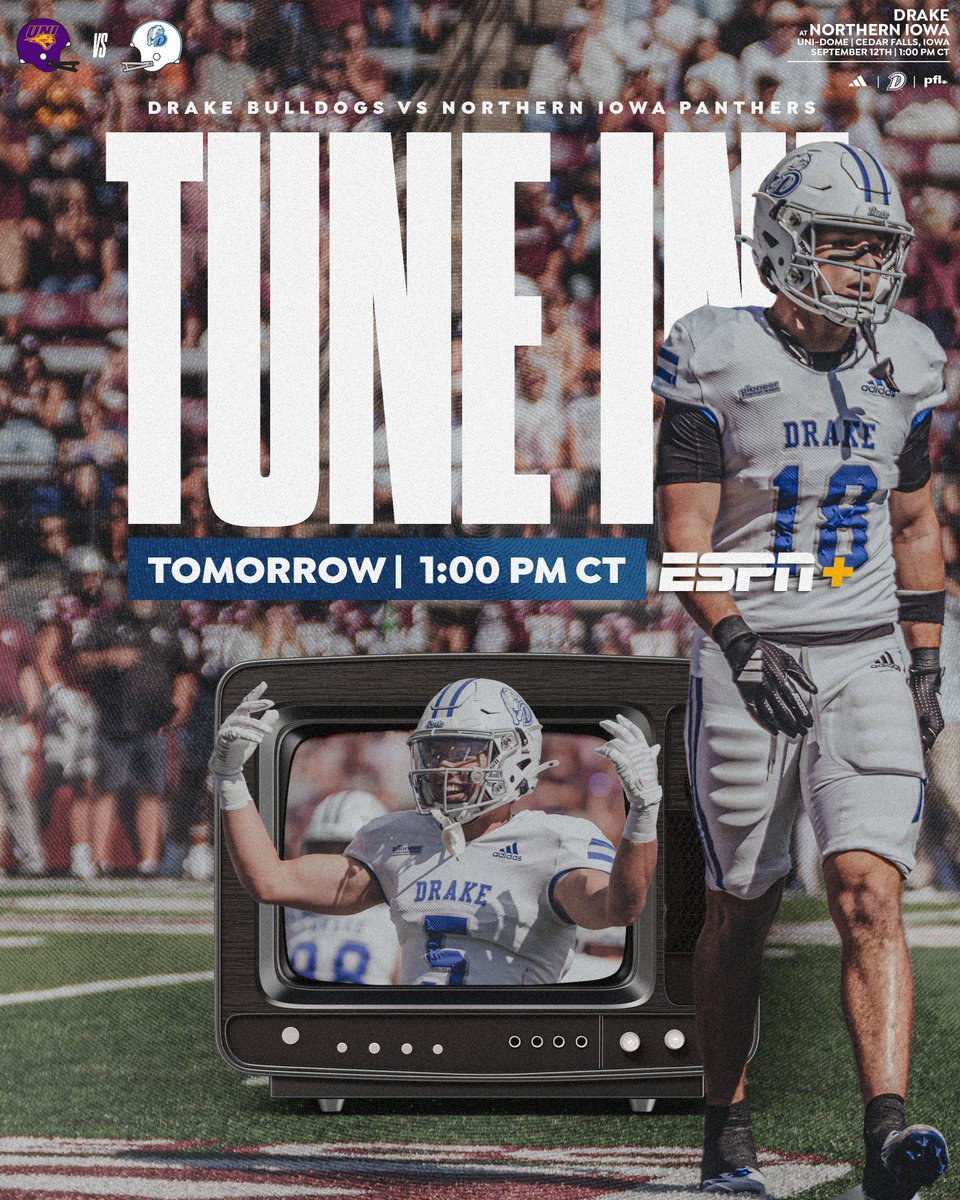 DrakeBulldogsFB's tweet photo. If you can't make it to Saturday's Game in Cedar Falls, make sure you TUNE IN!!

📺: https://t.co/yGFz7avGrQ
📻: @ESPNDSM 

#DSMHometownTeam