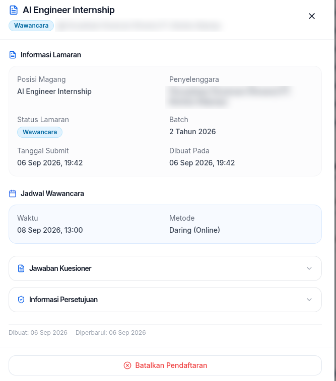 maassobirin08's tweet photo. Everyone help me. Just opened the website tonight and saw my status updated to Interview earlier today, but I didn't get any notification on email (including spam) and WhatsApp.

Is this a system bug or did I actually miss it? Any advice? 😢

#maganghub https://t.co/lDs2PCHU0K