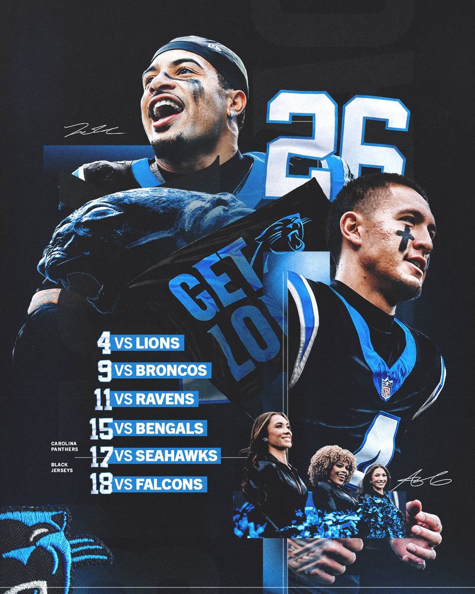 PanthersUnis's tweet photo. 2026 will be the first season in franchise history that the Panthers will not wear white jerseys at home ⚪️❕

Carolina will wear black six times and blue three times ⚫️🔵

@Panthers | #KeepPounding https://t.co/Mv0NfnBVxf