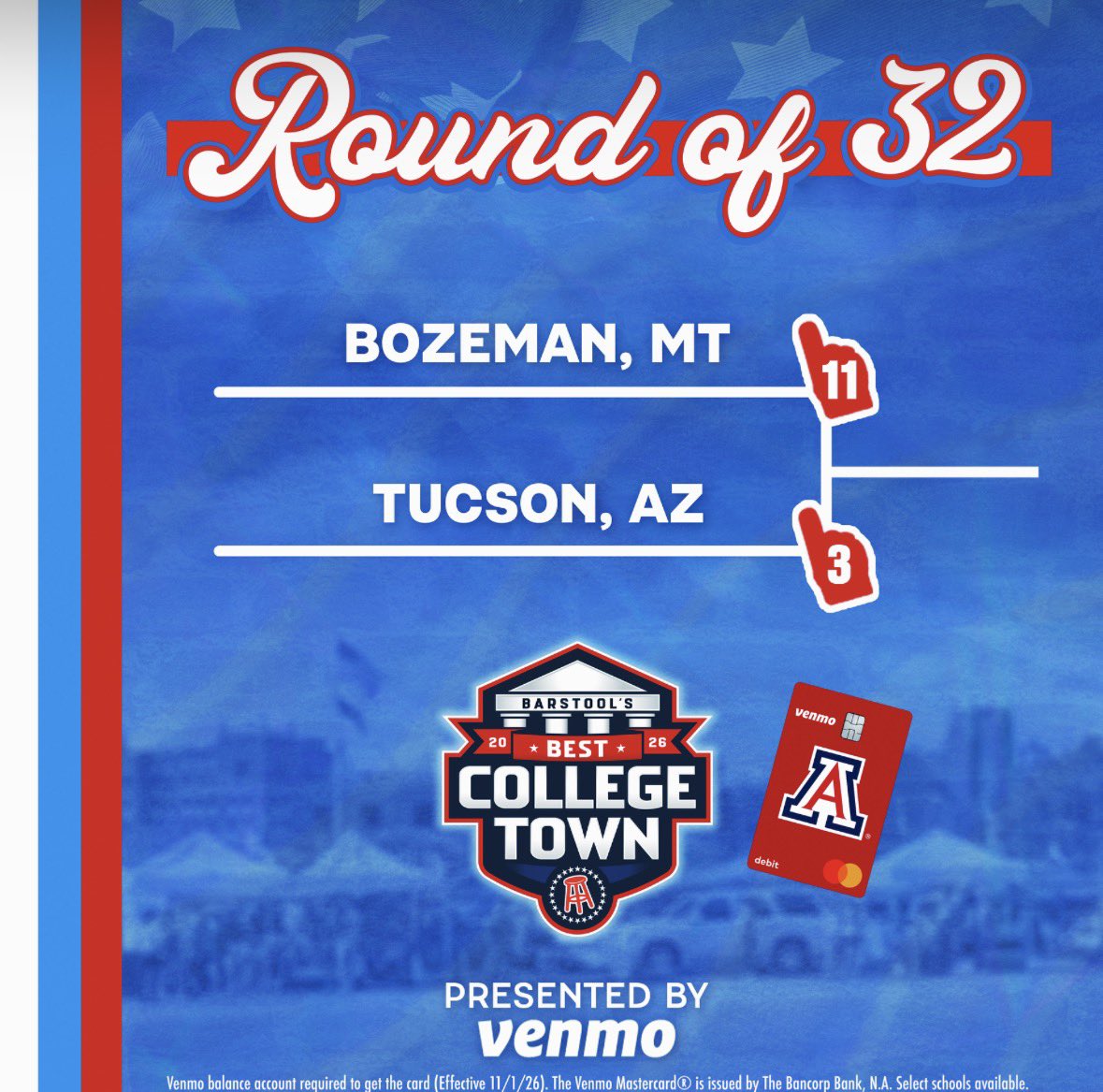 UofABarstool's tweet photo. 🚨TUCSON NEEDS YOUR VOTE 🚨

Best College Town Round of 32 is officially LIVE!

Play the Venmo Dash game here https://t.co/ReyI836x53 to earn (town) 10 votes 

⏰ Voting closes Thursday at 11:59 PM EST

presented by @Venmo https://t.co/69UIyczvPs