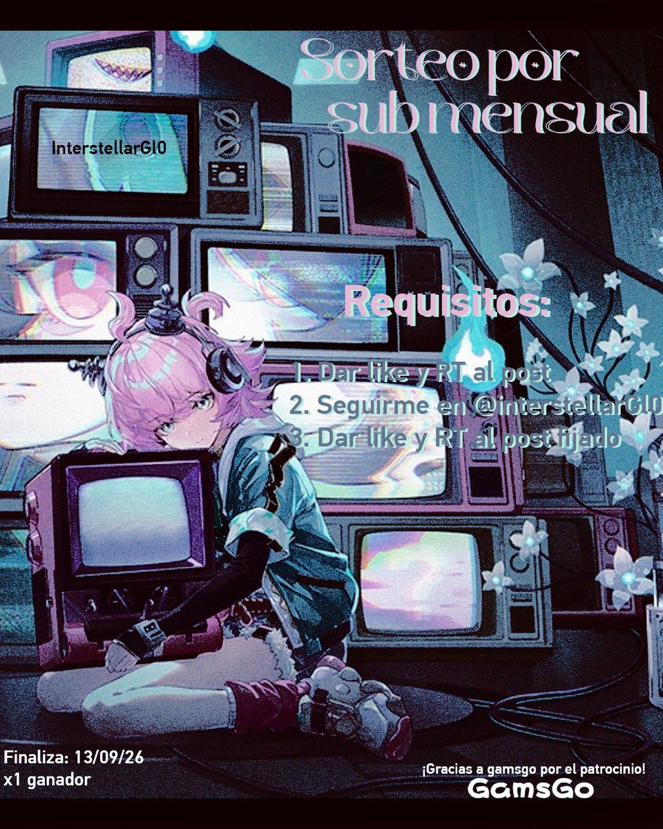 InterstellarGl0's tweet photo. Sorteo suscripción mensual 🎉

Requisitos:
1. Dar Like y RT al post 📺
2. Seguirme ✅
3. Dar like y rt al post fijado 🎮

Limite de 1 semana: 13/09

Mi link de gamsgo en los comentarios donde pueden comprar de diferentes juegos, gracias gamsgo

(PD: Luego de este se viene otro sorteo relativamente cerca)