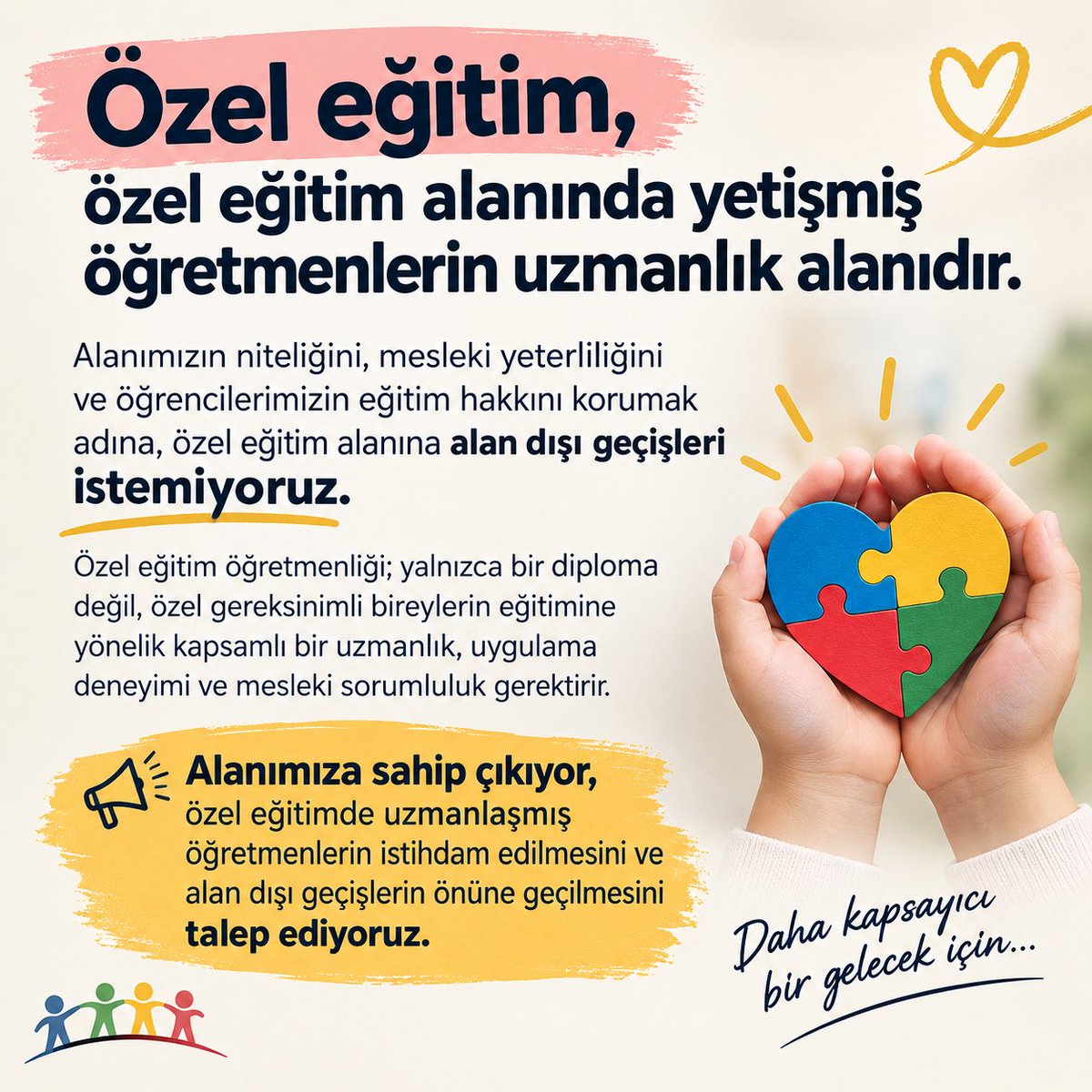 han_dogan155's tweet photo. Özel eğitim öğretmenliği; yalnızca bir diploma değil, özel gereksinimli bireylerin eğitimine yönelik kapsamlı bir uzmanlık, uygulama deneyimi ve mesleki sorumluluk gerektirir.
#OzelEgitimeAlanDısınaHayır https://t.co/m6Sb5JzzAh