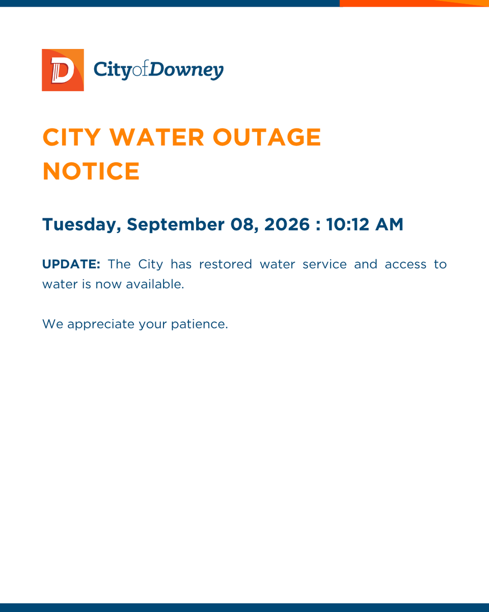 CityofDowney's tweet photo. CITY WATER OUTAGE NOTICE

UPDATE: The City has restored water service and access to water is now available.

We appreciate your patience.

#CityofDowney #DowneyCA https://t.co/8MrTCi6eU9