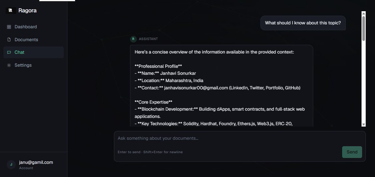 JSonurkar's tweet photo. Built Ragora - a RAG app for chatting with documents.

PDF → retrieval → grounded answers.

I built it to understand how a RAG system works end to end.

Built with Next.js, FastAPI, PostgreSQL + pgvector, Groq and Docker.

Project on GitHub ↓
https://t.co/rmrEBjkJYC https://t.co/07RhzqDhg9