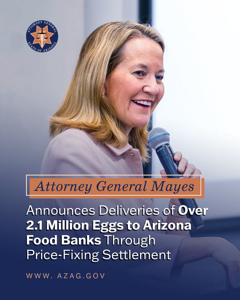 arizonaago's tweet photo. Today, @AZAGMayes announced that Hickman's will deliver more than 2.1 million eggs to three regional food banks throughout September, the latest round of egg deliveries secured through our price-fixing settlement.

Full press release here: https://t.co/Sx7QuZ0KWc https://t.co/dyekAuFOIu
