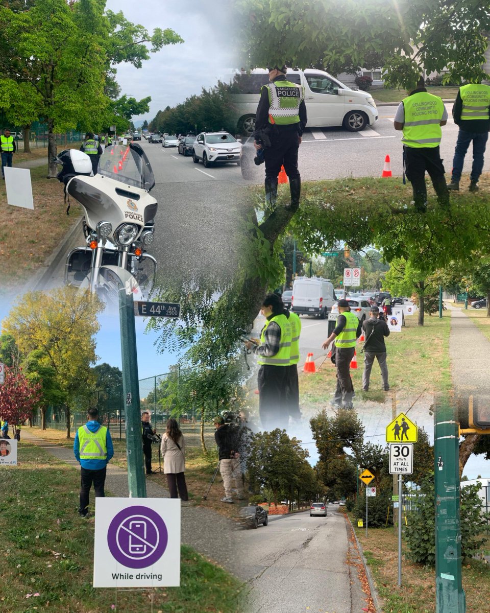 VPDTrafficUnit's tweet photo. Speed enforcement for #BackToSchool safety around George Weir Elementary. Remember to read signs as some school zones display 40 km/h while surrounding residential streets are 30 km/h. #LeaveYourPhoneAlone https://t.co/O7c81zjGn7