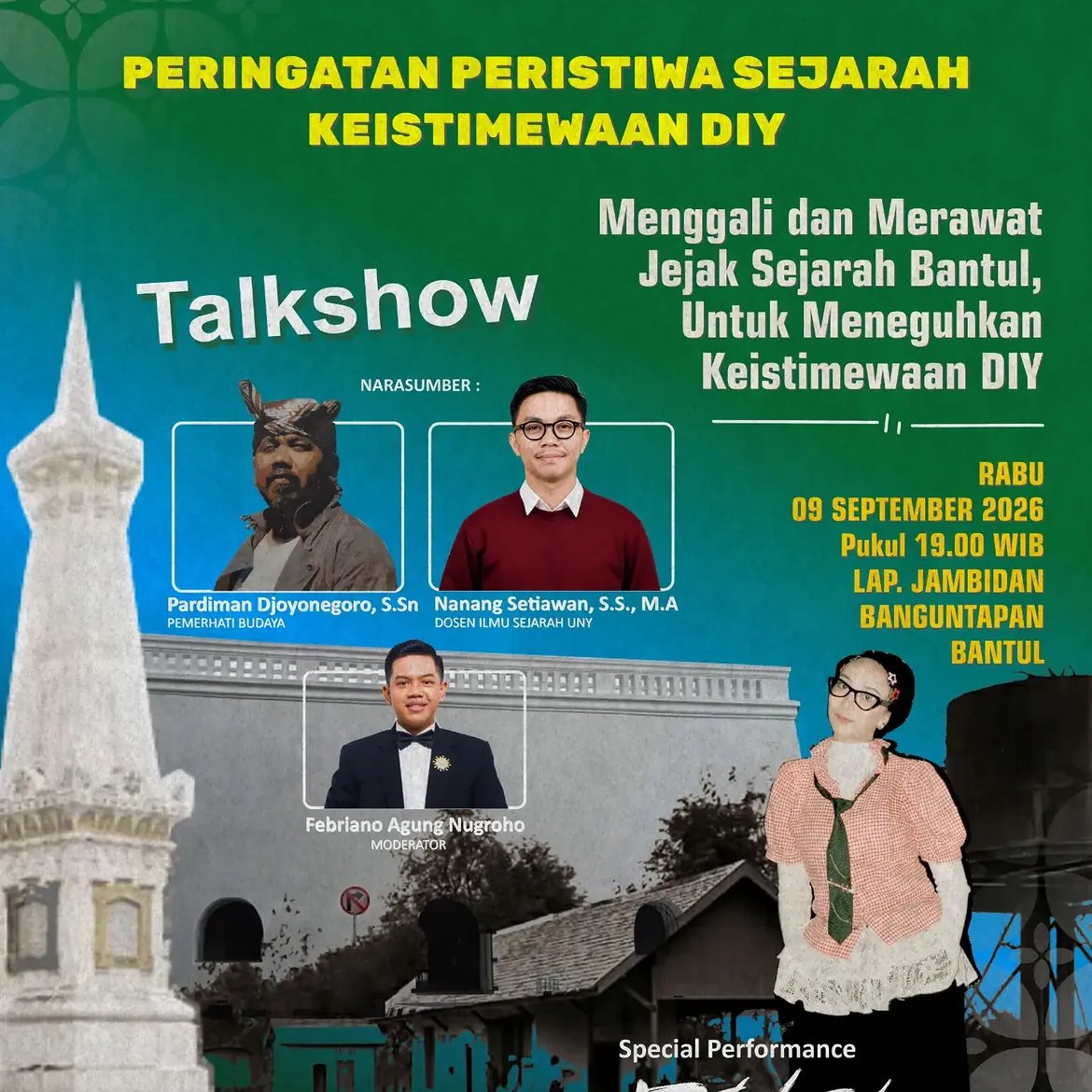 BlusukanBantul's tweet photo. repost @disbudbantul
Sugeng siang, #SedulurBudaya sekalian!
.
Dalam rangka Peringatan Peristiwa Sejarah, Hari Keistimewaan Daerah Istimewa Yogyakarta, Dinas Kebudayaan (Kundha Kabudayan) Kabupaten Bantul menyelenggarakan Talkshow dengan tema "Menggali dan https://t.co/68UhB5y1B4