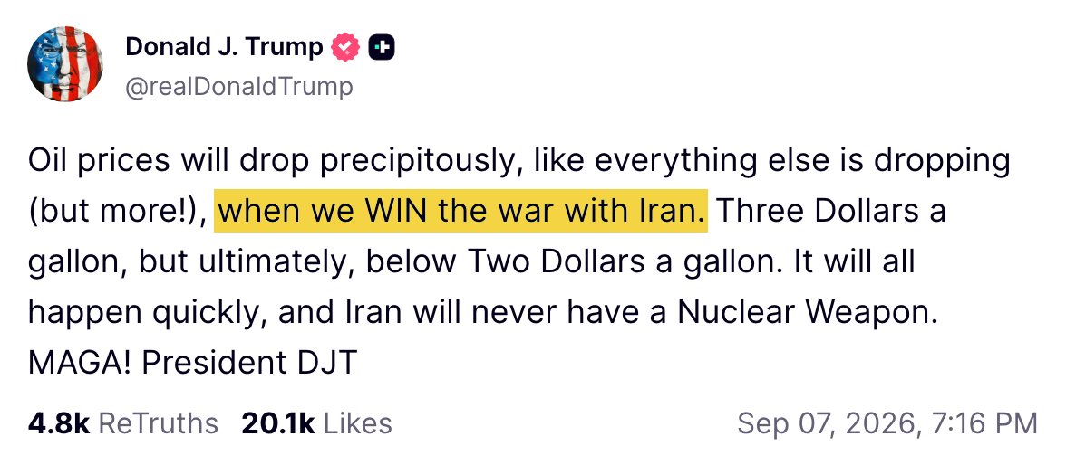 CaptMarkKelly's tweet photo. Last week, it wasn't even a "war" according to Trump. Before that, he's said dozens of times that Iran was totally defeated already.

Trump is making it all up as he goes because he has no idea what he's doing — and it's raising your costs and making our country less safe. https://t.co/kxpBCUKdpM