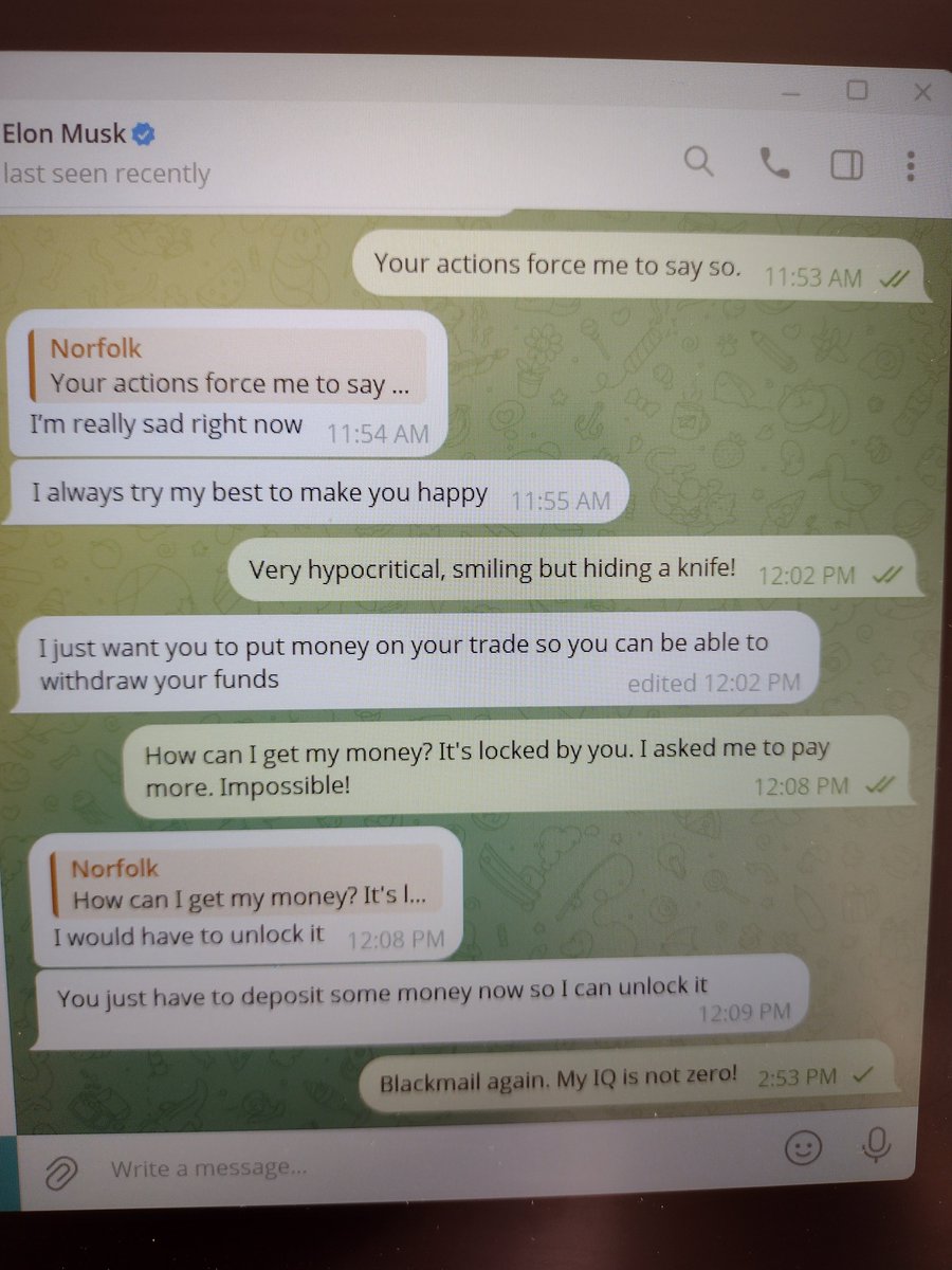 Bobmarg2828's tweet photo. Musk uses new bilking way. He cheats blogs to get reward ($200,000). When the blogs contact him, he will cheat blogs to his Telegram account. He will ask blogs to open Coinbase Wallet and give the screenshots to him. He can obtain all private data and operate blogs accounts. https://t.co/ovl1pgsirl