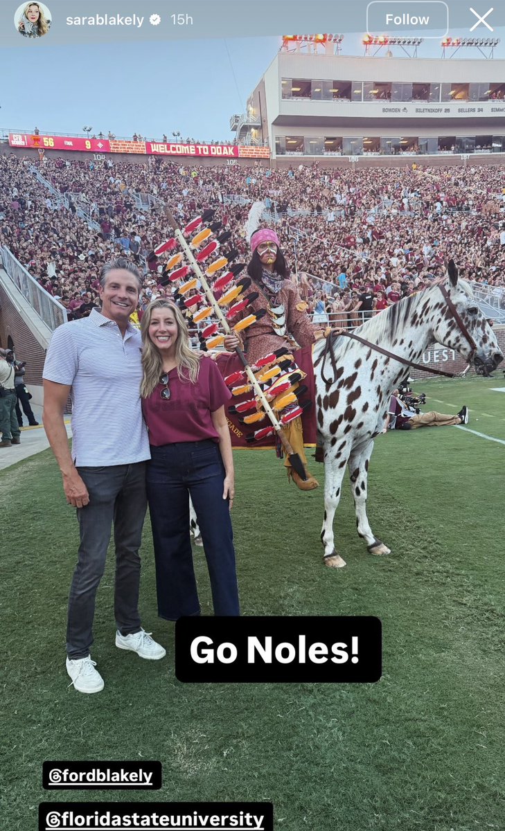 LogansTwitty's tweet photo. FSU alum and billionaire businesswoman Sara Blakely, founder of Spanx, was once again in attendance for a game last night. https://t.co/ECk3eeejRA
