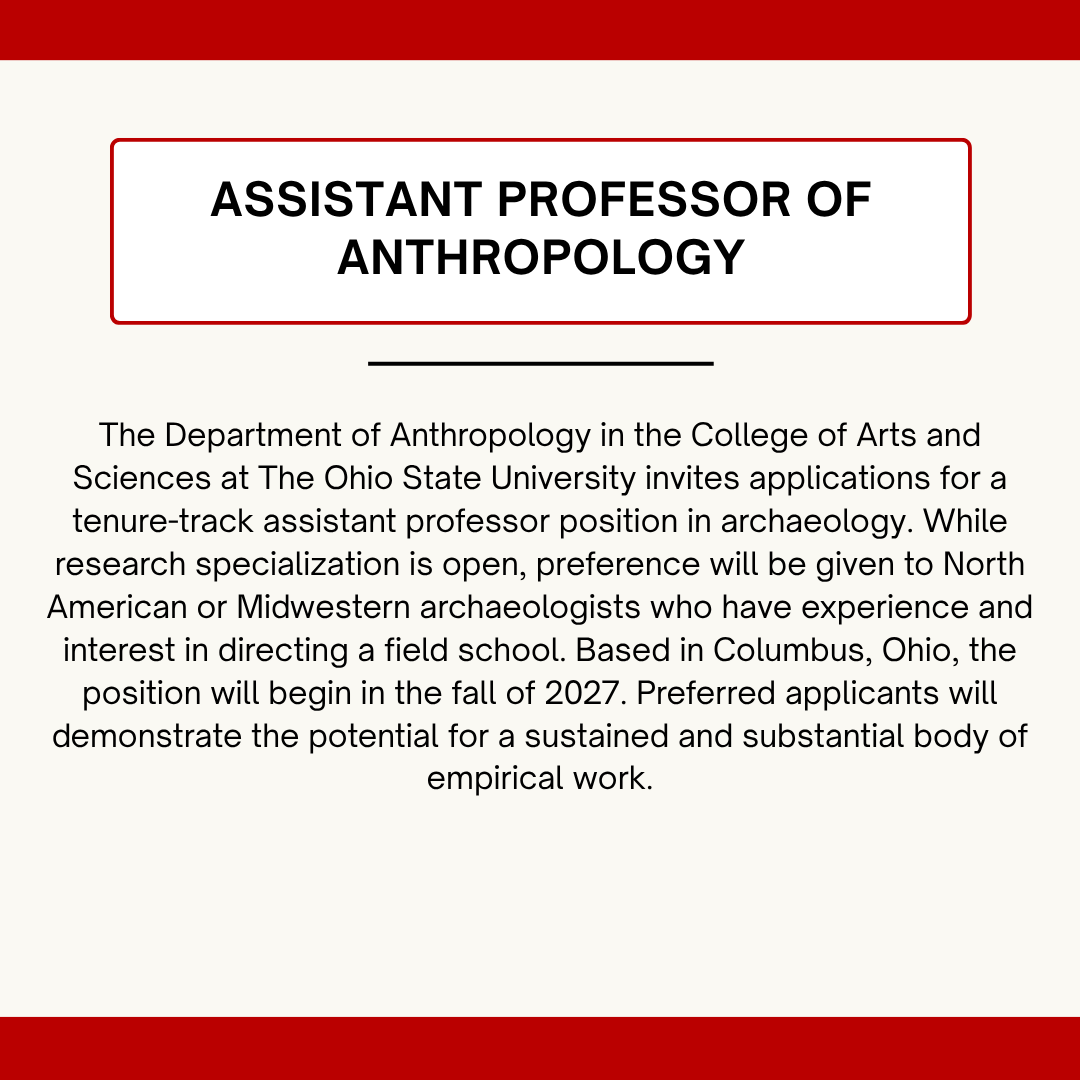 OSUanthro's tweet photo. We're hiring! The Department of Anthropology @ OSU is recruiting 2 Tenure-Track Assistant Professors (Fall 2027) in forensic anthropology and archaeology! Check out the roles here:
https://t.co/h3gC9k4VR3

https://t.co/tRkuFMZj5I https://t.co/evjX83HLWd