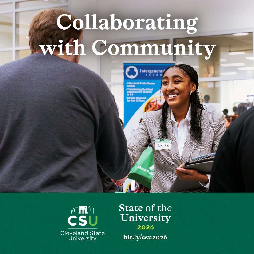 CSU_President's tweet photo. CSU has built strong relationships with community partners and employers in and around the city of Cleveland. As a result, students participate in experiences that shape the region — from career fairs and internships to health clinics and educational programming. https://t.co/wiDtkFXtSP