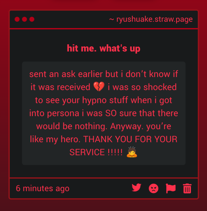 ryuushuake's tweet photo. I NEVER GOT THIS RIP 💔 protip if i don't respond to your SP it likely didn't go through bc i respond to them all

anyway thank you so much! 🫶 🫶 i'm so happy to provide the fandom with good hypno! we also got a top-tier fic just yesterday from aslurpee if you haven't seen https://t.co/0I6nnTAKPt