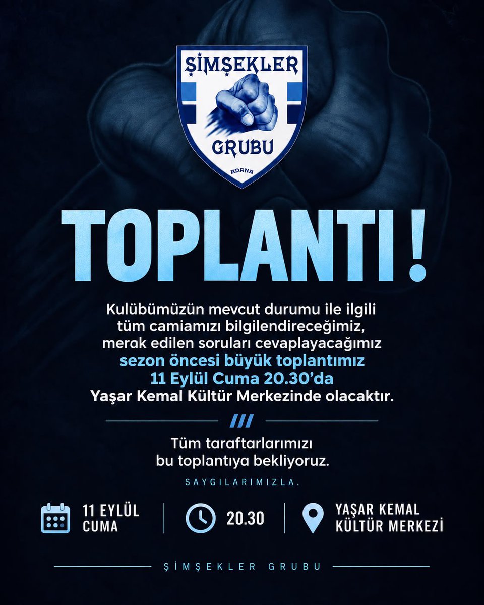 Halkin_Takimi's tweet photo. TOPLANTI !

Kulübümüzün mevcut durumu ile ilgili tüm camiamızı bilgilendireceğimiz, merak edilen soruları cevaplayacağımız sezon öncesi büyük toplantımız 11 Eylül Cuma günü saat 20.30’da Yaşar Kemal Kültür Merkezi’nde olacaktır.
Tüm taraftarlarımızı bu toplantıya bekliyoruz.
Saygılarımızla.
Şimşekler Grubu
