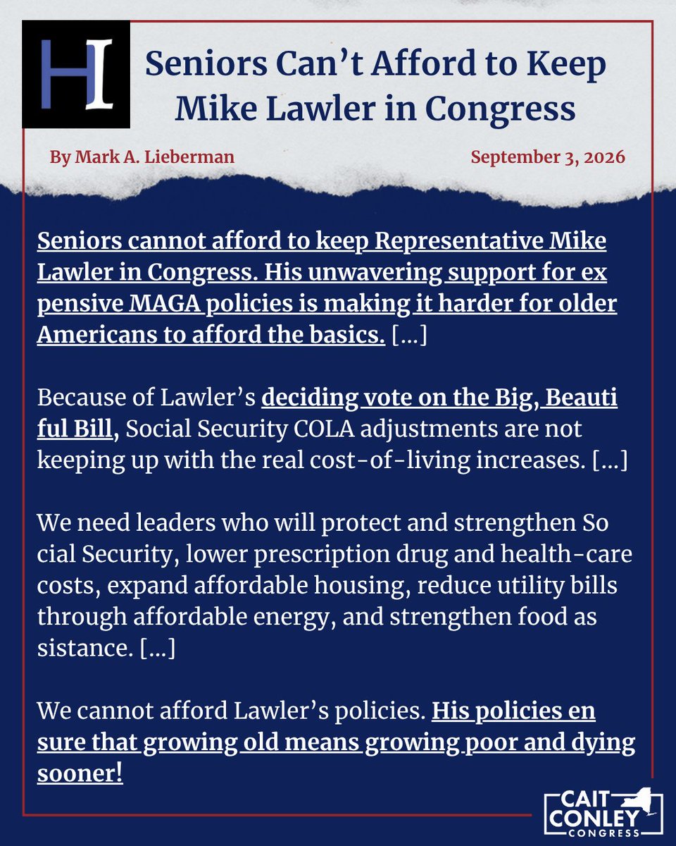 CaitforNewYork's tweet photo. Mike Lawler votes with Donald Trump 100% of the time, and his constituents are paying the price.

For seniors on fixed incomes, Mike Lawler’s actions have been particularly devastating. From healthcare to utilities to groceries, costs are skyrocketing. No one — especially not our most vulnerable neighbors — should be forced to choose between basic necessities.

As your member of Congress, I will fight to make your life easier and the Hudson Valley more affordable.

Read more:
https://t.co/c6ycyQPOYD