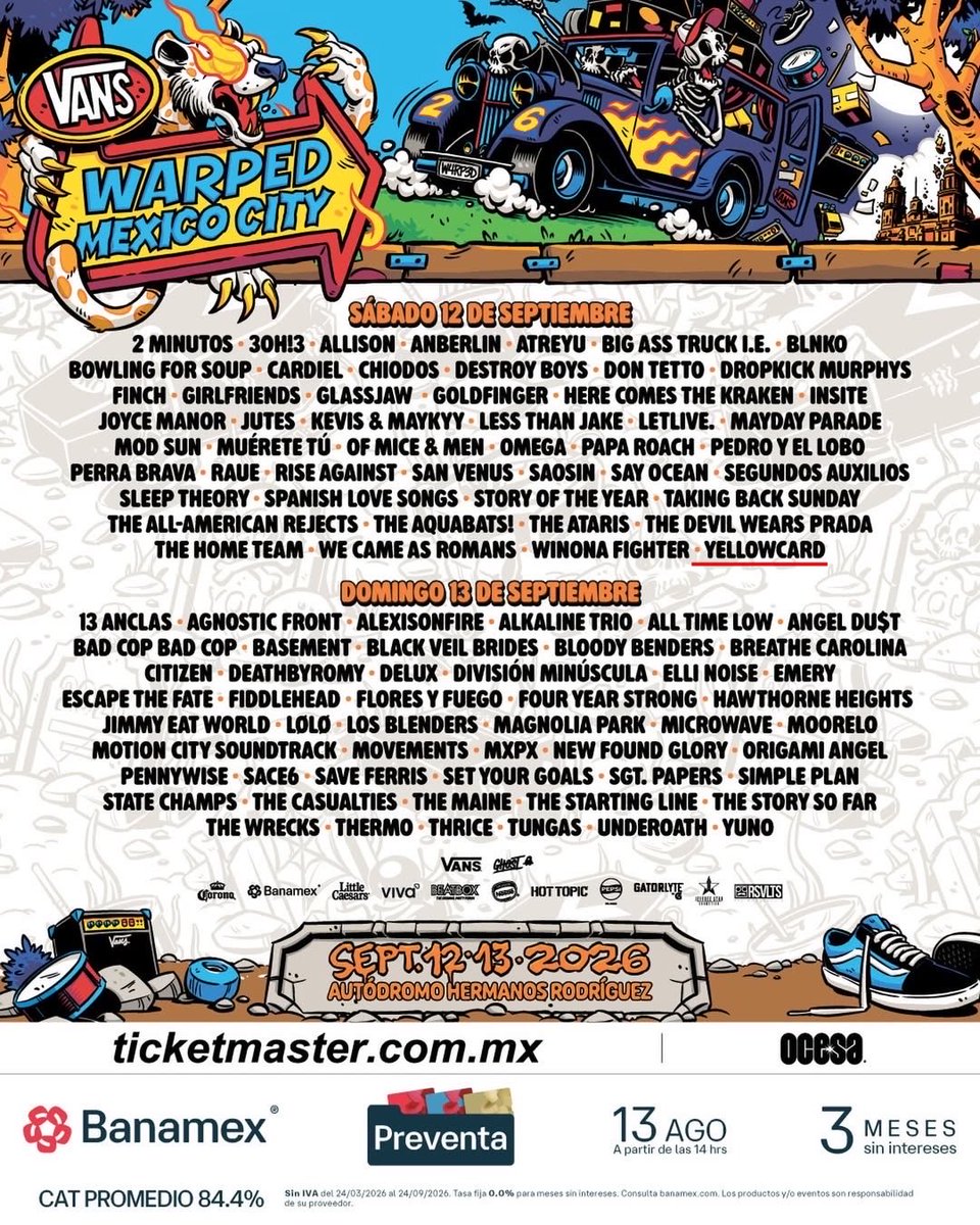 Yellowcard's tweet photo. Hola, México! 🇲🇽
Mexico City, we’ll see you this Saturday, September 12th for the @VansWarpedTour. We’re already putting together our setlist, so now we need to know… who are YOU making sure you see?  👀

Drop your must-see bands in the replies below. 💛 https://t.co/DQMJir539j
