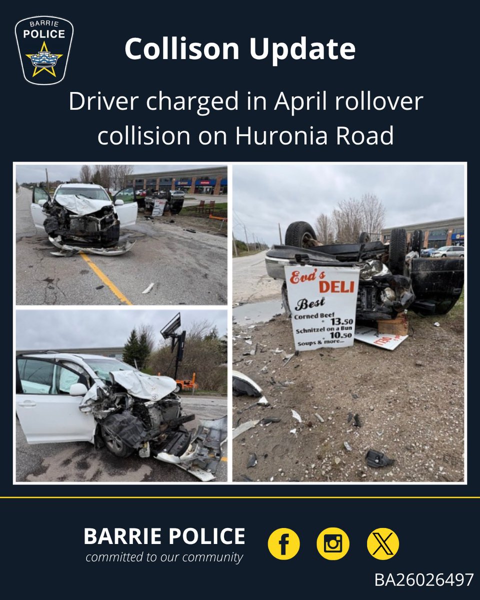 BarriePolice's tweet photo. Police have charged a driver in the April 28, 2026, serious collision that occurred on Huronia Road south of Mapleview Drive East.
MEDIA RELEASE: https://t.co/wkq0qUOpQl
#BarriePolice #BPSInvestigation #RoadSafety #BA26026497 https://t.co/xKWMWwbKYH