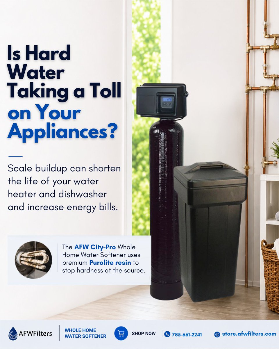 FiltersAfw's tweet photo. Is hard water taking a toll on your appliances? Scale buildup can affect water heaters, dishwashers &amp; plumbing. AFW City-Pro uses premium Purolite resin to help tackle hardness at the source.

🌐 https://t.co/qvv3Z9VlA1
#HardWater #WaterSoftener #AFWFilters https://t.co/ekweQ4AJNQ