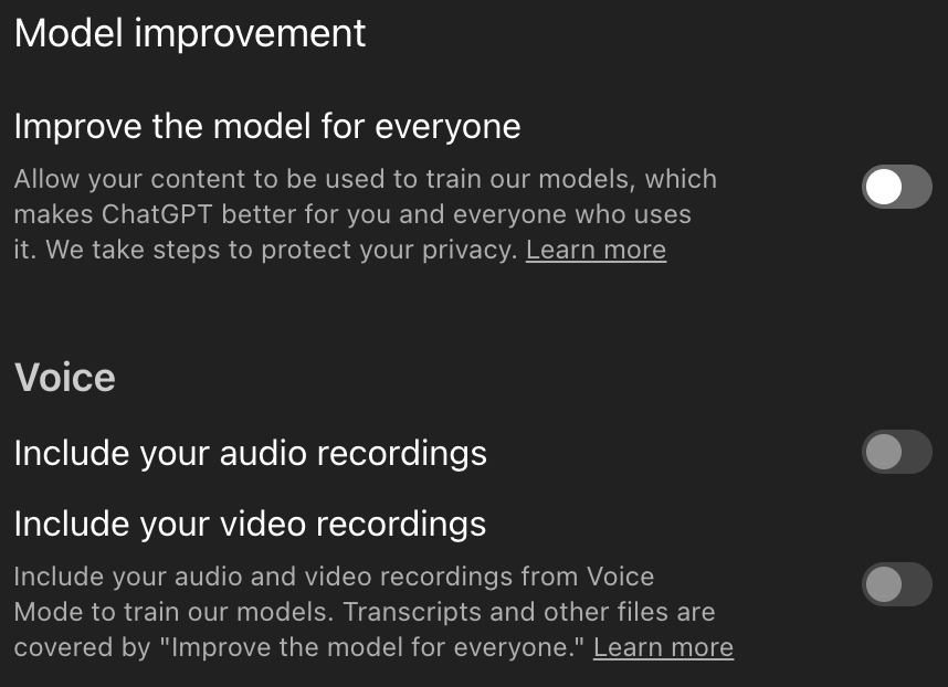 TrapitBansal's tweet photo. Surprised to learn today how many people did not know that if you don't turn off "Improve the model for everyone" in chat then your data will very likely be trained on. Also, its on by default. Same applies to codex.