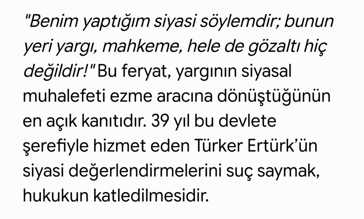 Arifisik0's tweet photo. @MaliGuller 39 yıl bu devlete şerefiyle hizmet eden Türker Ertürk’ün siyasi değerlendirmelerini suç saymak, hukukun katledilmesidir. https://t.co/a3ztFjQiJG