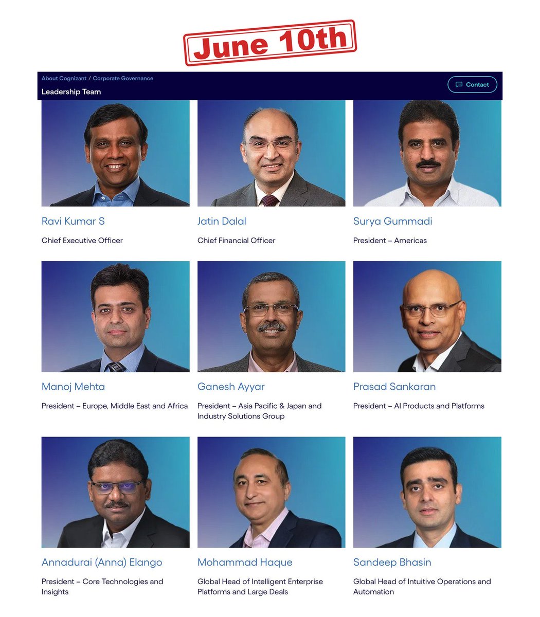 LayoffAI's tweet photo. It’s not even that 11/16 leadership positions are held by Indians at Cognizant. 

It’s the fact they ADDED and HIGHLIGHTED the non-Indians only after the negative press. 

You can’t hate these companies enough. https://t.co/fnZ70LZMwI