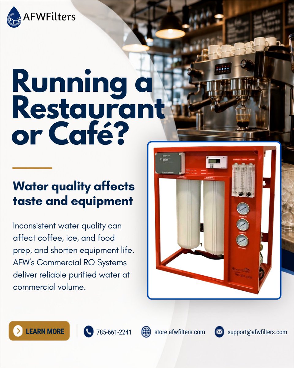 FiltersAfw's tweet photo. Running a restaurant or café? Water quality affects coffee, ice, food prep &amp; equipment. AFW Filters’ Commercial RO Systems deliver purified water at commercial volume.

🌐 https://t.co/qvv3Z9VTpz
#CommercialRO #WaterTreatment #AFWFilters https://t.co/51I0NImr7e