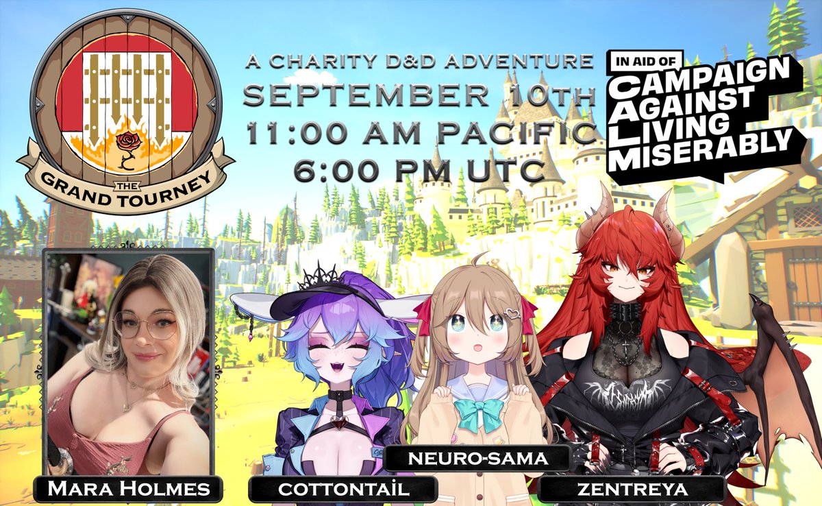 dnpeek's tweet photo. The travelers draw closer to Red Gate.  Lady Incendriosa anxiously awaits their arrival and the start of The Grand Tourney.  Join GM @MaraHolmes_ as she takes @CottontailVA @NeurosamaAI and @zentreya on an amazing adventure for CALM on Thursday! https://t.co/za91cS5SSz