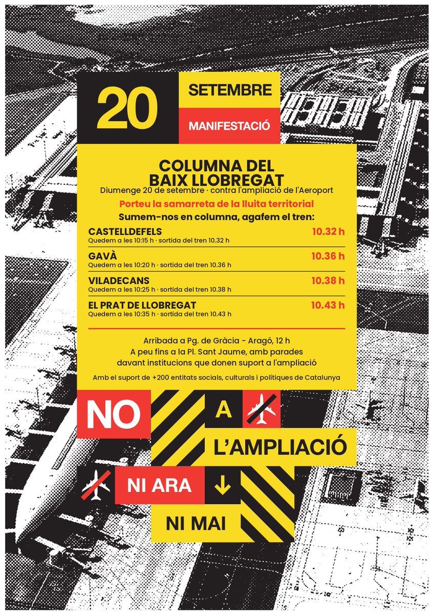 SalvemElCalamot's tweet photo. 🌾✈️ El Pla de Ponent i l'ampliació de l'Aeroport són la mateixa sentència de mort pel Delta del Llobregat, ja en declivi.
Diumenge 20/9 sumem-nos a la Columna del Baix Llobregat cap a la manifestació. 

Tren des de Castelldefels, Gavà, Viladecans i El Prat.
Sortida 10:20 a Gavà https://t.co/c3ufvGK8h5