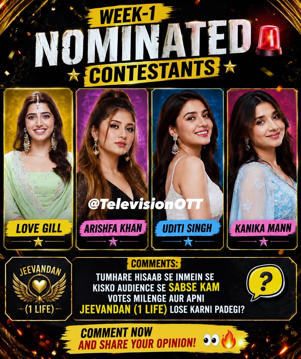 TelevisionOTT's tweet photo. 🚨 Week-1 ke Nominated Contestants

☆ Love Gill
☆ Arishfa Khan
☆ Uditi Singh
☆ Kanika Mann

Comments: Aapke hisaab se inmein se kisko audience se sabse kam votes milenge aur kiski Jeevandan (1 Life) chali jayegi? 👀🔥

#Biggboss20 #ArishfaKhan #kanikaMann #uditiSingh #LoveGill