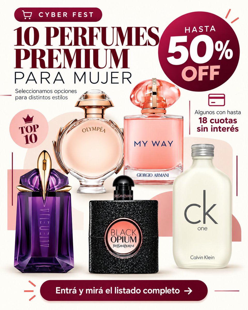 RadarOfertasAR's tweet photo. 🚨 CYBER FEST: 10 PERFUMES PREMIUM PARA MUJER CON HASTA 50% OFF

Elegimos opciones para distintos gustos: clásicos, frescos, dulces y con más personalidad.

Hay hasta 50% OFF y algunos con hasta 18 cuotas sin interés.

Entrá y elegí el tuyo antes de que cambien las ofertas.