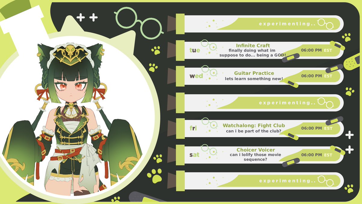 acti_matatabi's tweet photo. WEEKLY SCHEDULE  09/07 - 09/13🧪🩹

︶꒦꒷꒦꒷꒦꒷  T A G S ꒷꒦꒷꒦꒷꒦︶
General: #ActiMatatabi
Live: #LiveActionTabi
Memes: #Matataboo
Art: #Actistic
Sussy Art: #Actitties

#Vtuber #vtuberen
🎨: #LuXing_zzz https://t.co/6LGgoXwxq1