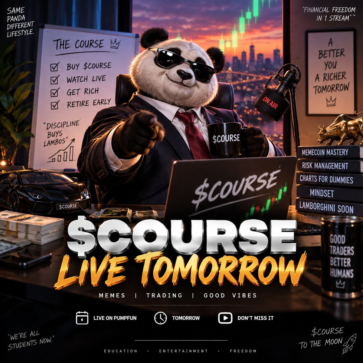 HussPo1's tweet photo. 🚨 $COURSE LIVE TOMORROW.

Suit on. Glasses on. Zero qualifications. 🐼📈

Just memes, chaos &amp; $COURSE.

#PumpFun #Solana #Memecoin https://t.co/jgFM5yv8em
