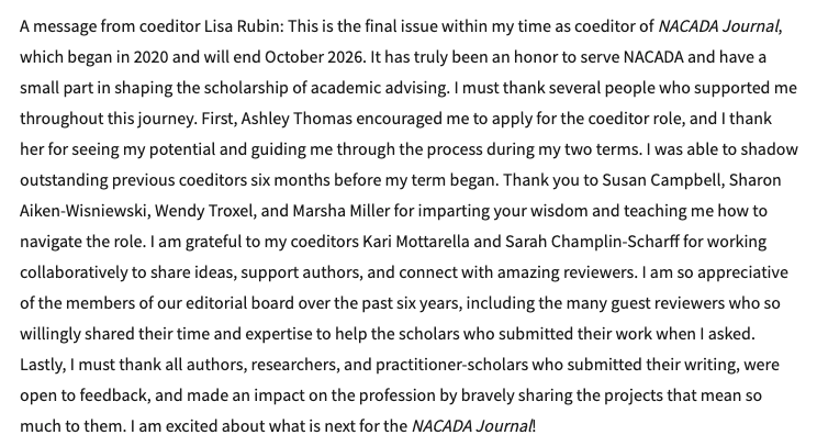 DrLisaRubin's tweet photo. The latest issue of @NACADAJournal is out! Read it here: https://t.co/xnoxxHYUpq
It is also my final issue as coeditor. I enjoyed serving in this role since 2020. My second term ends at the @NACADA Annual Conference. #AcAdv https://t.co/FDAuukia4W