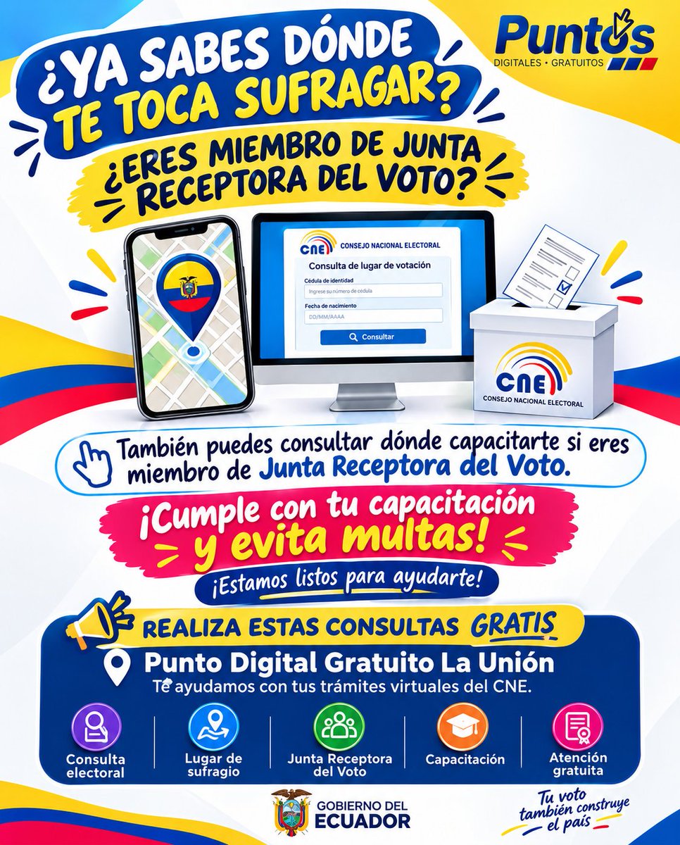 PDGUnion024's tweet photo. 📢 ¡Que no te tome por sorpresa! 🇪🇨🗳️
¿Ya sabes dónde te toca sufragar o si eres Miembro de Junta Receptora del Voto? Consulta tu información y, si debes capacitarte, también podemos ayudarte. 
📍 Punto Digital Gratuito La Unión
🤝 ¡Realizamos estas consultas de manera gratuita! https://t.co/OXE5lOh18t