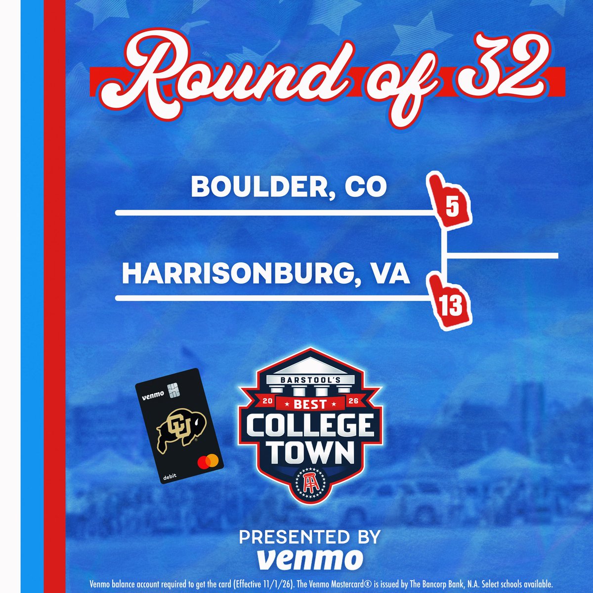 CUBarstool's tweet photo. 🚨 BOULDER NEEDS YOUR VOTE 🚨

Best College Town Round of 32 is officially LIVE!

Play the Venmo Dash game here https://t.co/fluZ9rWMDs to earn Boulder 10 votes 

⏰ Voting closes Thursday at 11:59 PM EST

presented by @Venmo https://t.co/LFnFmN1Z9K