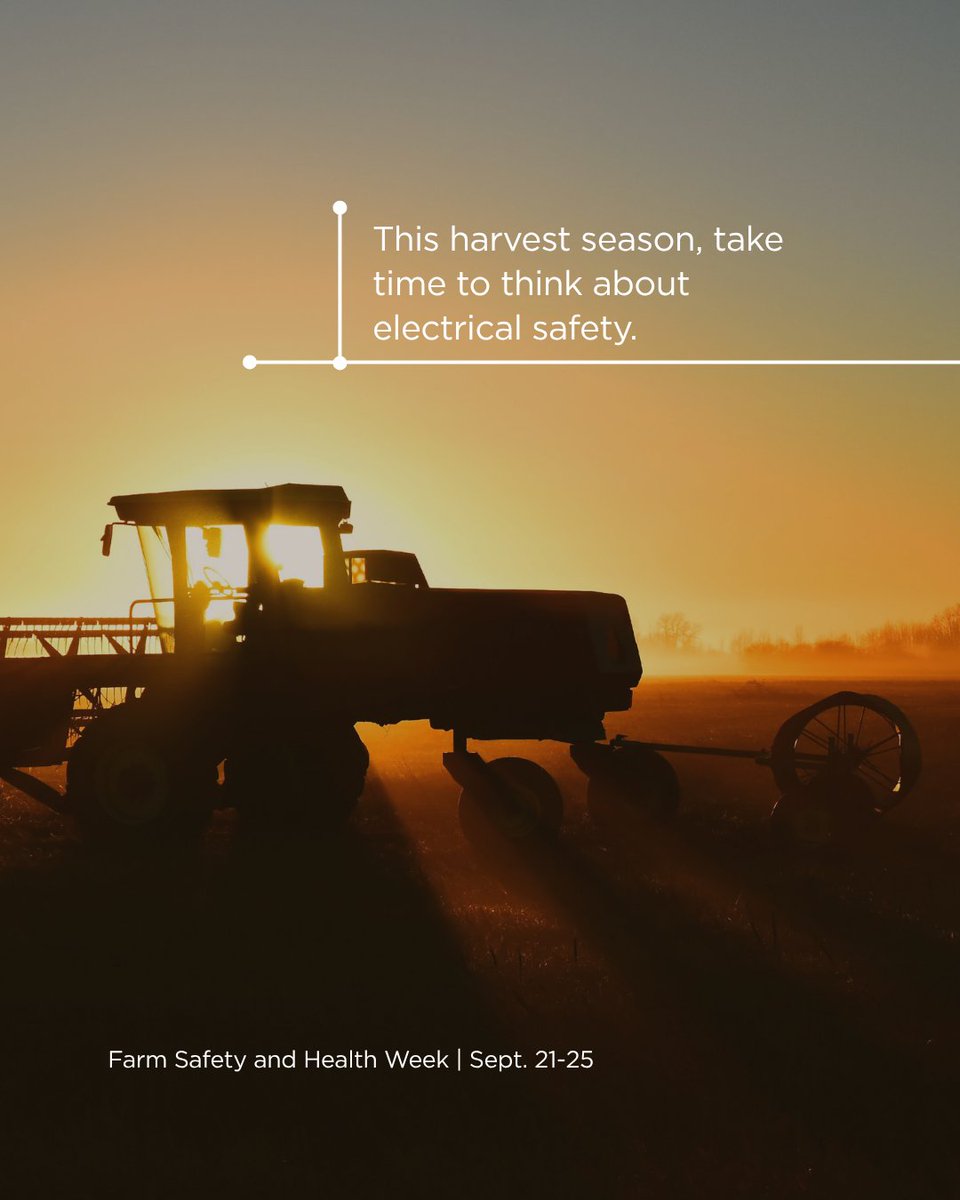 WarrenRECC's tweet photo. It’s National Farm Safety &amp; Health Week, and as harvest season approaches, [Co-op Name] reminds our farming members to be vigilant near power lines and other electrical equipment. We’re proud to power the farms that power our communities. 🚜❤️ https://t.co/cGCi6FzCTJ