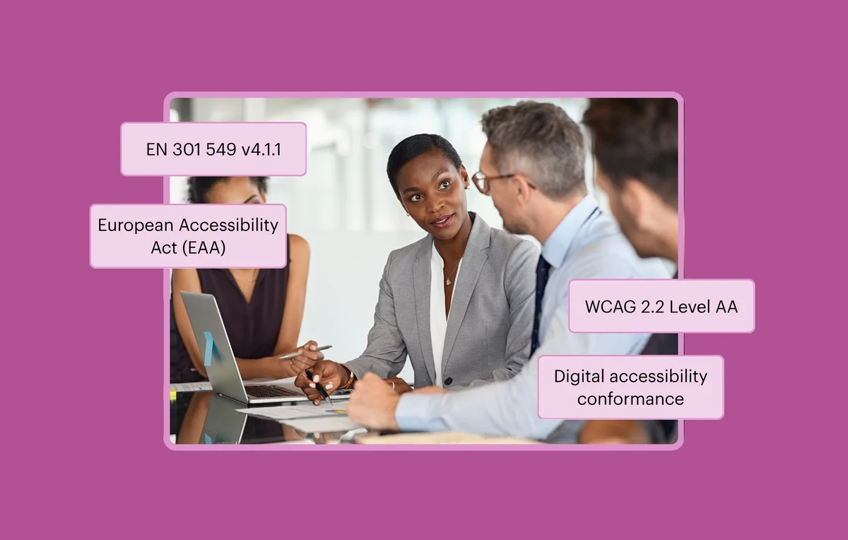 Two professionals working together in an office environment, with four overlaid call-out boxes containing the terms: EN 301 549 v4.1.1, WCAG 2.2 Level AA, The European Accessibility Act (EAA), and Digital Accessibility Conformance.