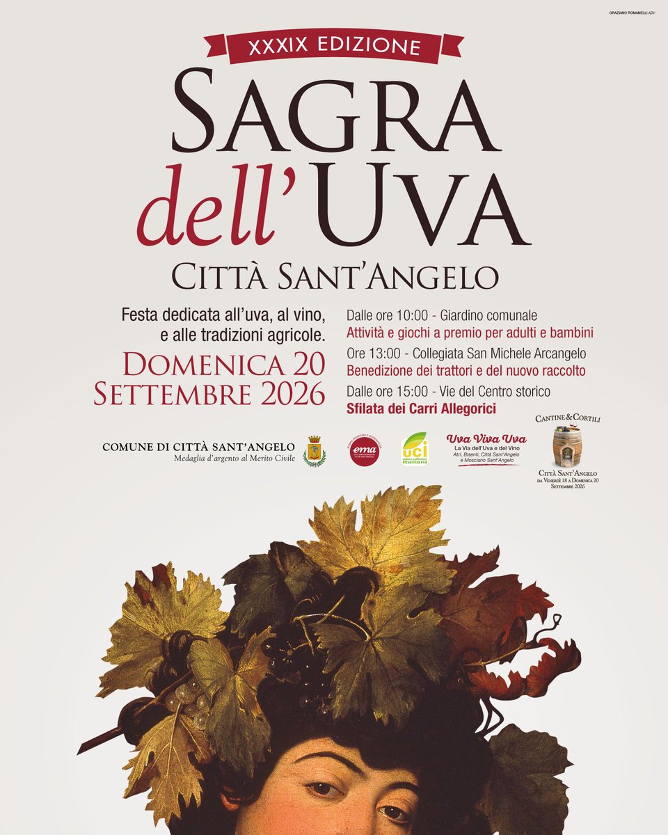 VisitCSA's tweet photo. 🍇 SAGRA DELL’UVA 2026
39ª edizione della Festa dedicata all #uva, al #vino, e alle #tradizioni agricole.

Nel Centro storico di #CittàSantAngelo
Domenica 20 settembre 2026

Per maggiori informazioni 👇
https://t.co/INeHiZxJAS https://t.co/y5FwqhcQ5f